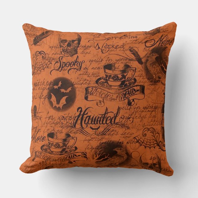 Orange & Black Haunted Halloween Dekorativ kudde (Framsida)