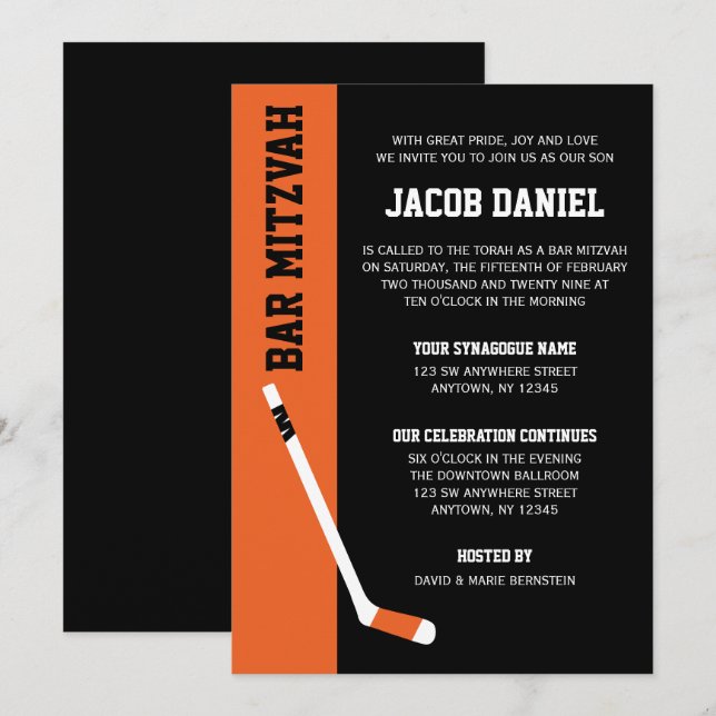 Orange Black Hockey Pub Mitzvah Inbjudningar (Fram/baksida)