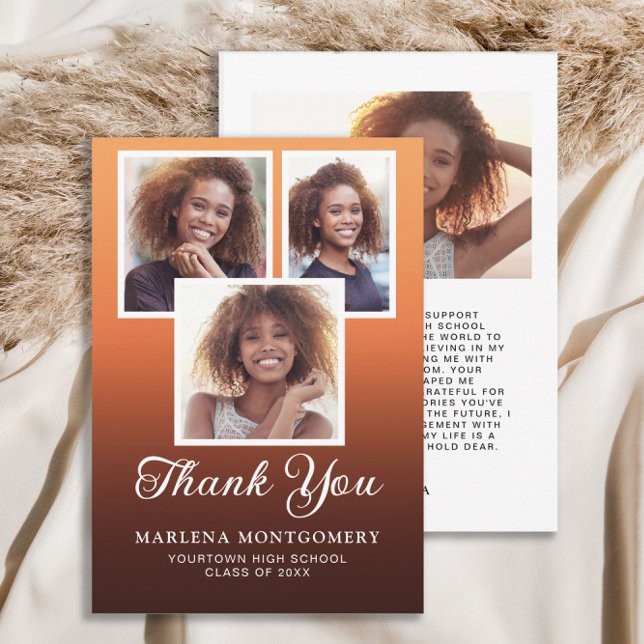 Orange Black Ombre Examen 4 Foto Tack  Kort (Graduation 4 photo Thank You card.)