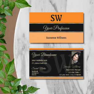Orange Black Peach Rand med Monogram och Photo Visitkort