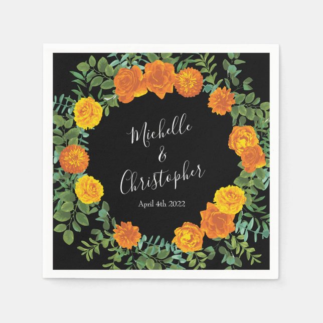 Orange Black Peony & Ro Blommigt Bröllop Pappersservett (Framsidan)