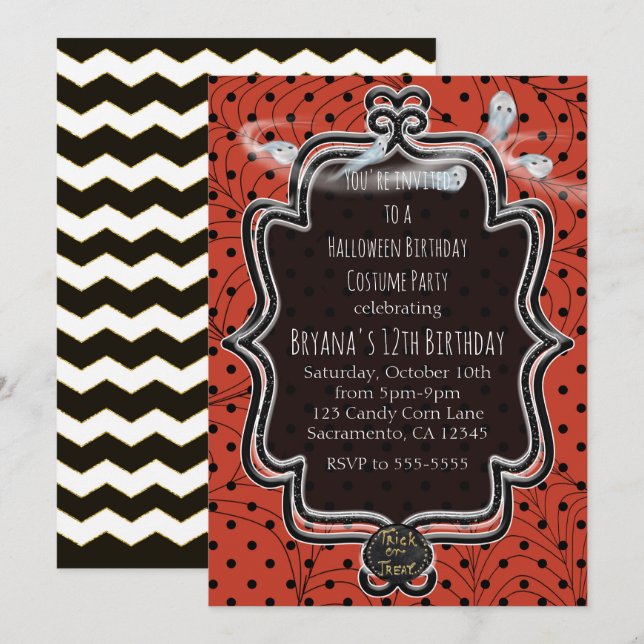 Orange & Black Polka dots Whimsical Halloween Inbjudningar (Fram/baksida)