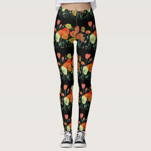 Orange & Black Poppy Blommigt Art Leggings