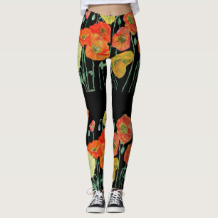 Orange & Black Poppy Blommigt Art Leggings