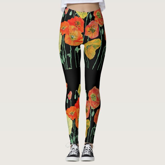 Orange & Black Poppy Blommigt Art Leggings (Framsida)