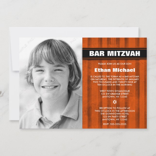 Orange Black Rand Photo Pub Mitzvah-inbjudan Inbjudningar (Framsida)