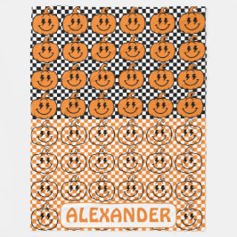 Orange Black Retro Rad Pumpkin Checkered Halloween Fleecefilt