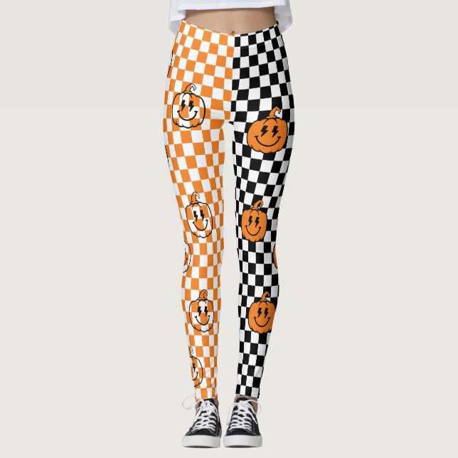 Orange Black Retro Rad Pumpkin Checkered Halloween Leggings (Framsida)