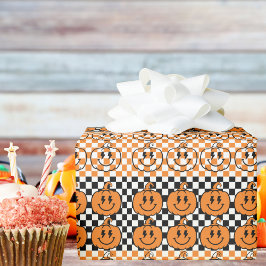 Orange Black Retro Rad Pumpkin Checkered Halloween Presentpapper