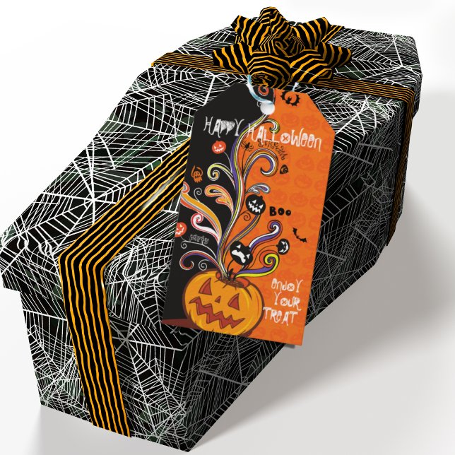 Orange Black Scary Pumpkin Halloween fest Presentetikett (Scarily Cute Gift Tags for Halloween)