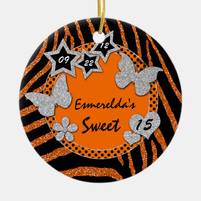 Orange Black Silver Zebra Sweet 15 Photo Ornament (Framsidan)