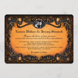 Orange Black Skeletons Halloween-bröllop MOTTAGNIN Inbjudningar