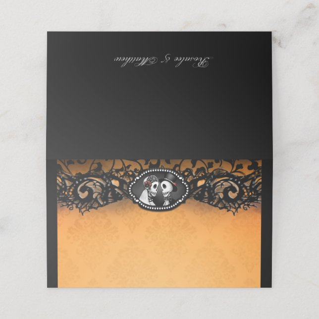 Orange Black Snöre Elegant bröllop Skeletons Placeringskort (Utvändigt utvikt)