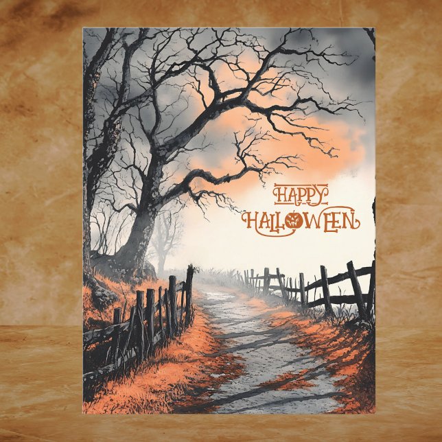 Orange Black Spooky Moonlit Night Happy halloween Helg Vykort (Skapare uppladdad)