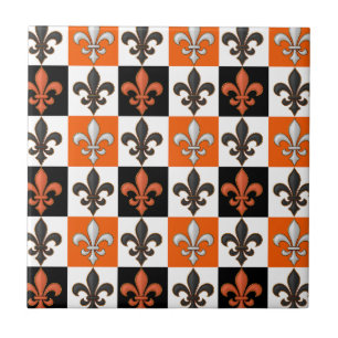 Orange Black White Checkered Fleur-de-lis Design Kakelplatta