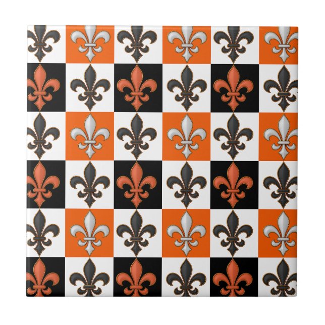 Orange Black White Checkered Fleur-de-lis Design Kakelplatta (Framsidan)