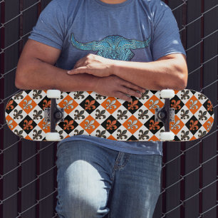 Orange Black White Checkered Fleur-de-lis Design Mini Skateboard Bräda 18,5 Cm