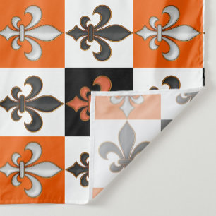 Orange Black White Checkered Fleur-de-lis Design Tyg