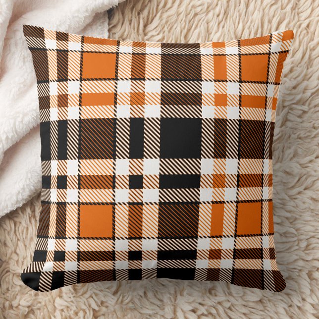 Orange Black White Flskanals Tartan Mönster Design Kudde (Skapare uppladdad)