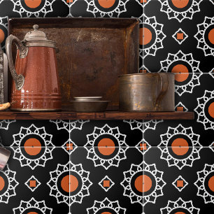 Orange Black White Ornamental Geometric Mönster Kakelplatta