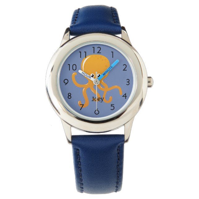 Orange bläckfisk på personlig blå barnklocka armbandsur (Framsida)