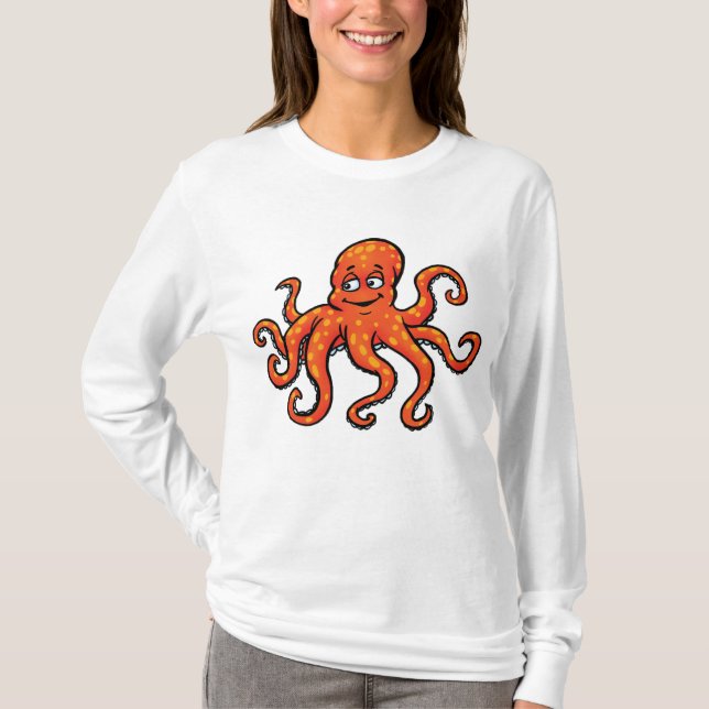 Orange Bläckfisk Tecknad Ocean Havslevande T Shirt (Framsida)