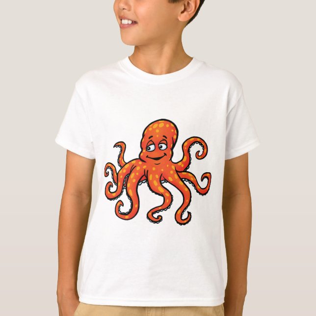 Orange Bläckfisk Tecknad Ocean Havslevande T Shirt (Framsida)