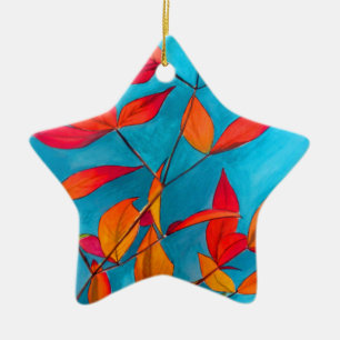 Orange blad Höst original akvarell konst Julgransprydnad Keramik