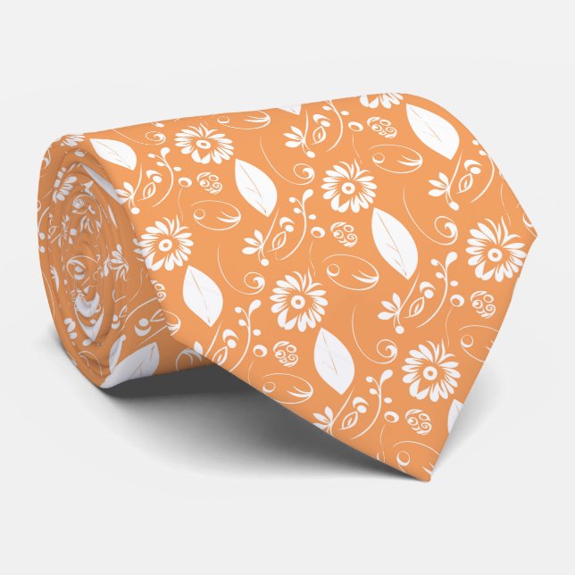Orange blad och blomstermönstrad abstrakt vigsel slips (Rullad)