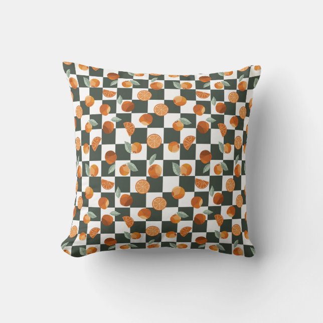 Orange Bliss Mörk Teal Checkers Kudde (Framsida)