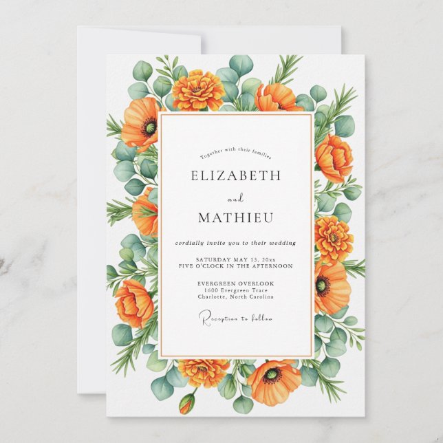 Orange Blissful Botanical Wedding Inbjudningar (Framsida)