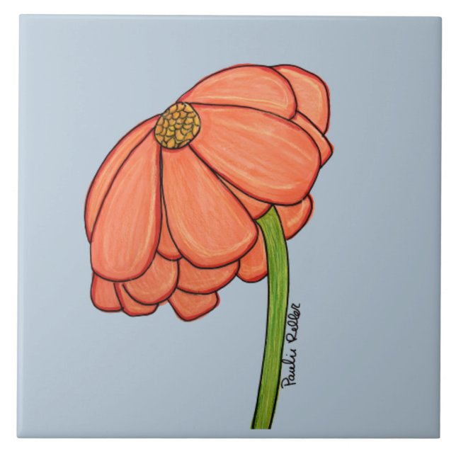 Orange blomma med blå bakgrund kakelplatta (Framsidan)