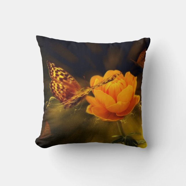 Orange blomma med fjärilar kudde (Framsida)
