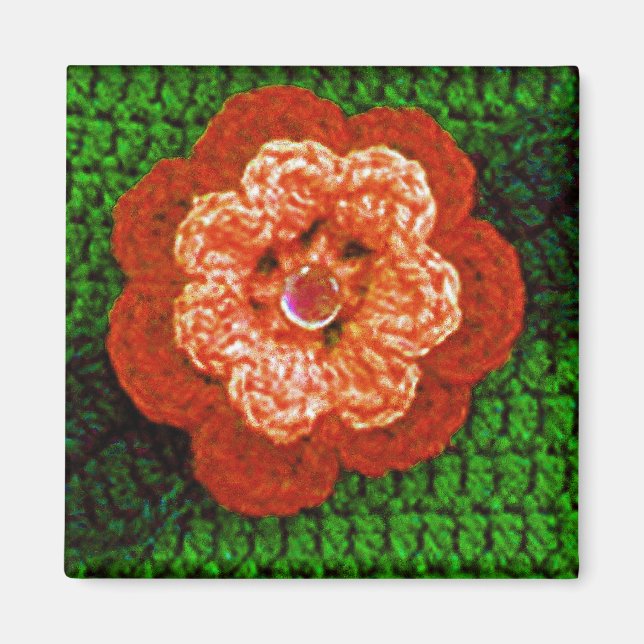 Orange blomma med Grönt Löv Crochet Skriv ut på Magnet (Framsidan)