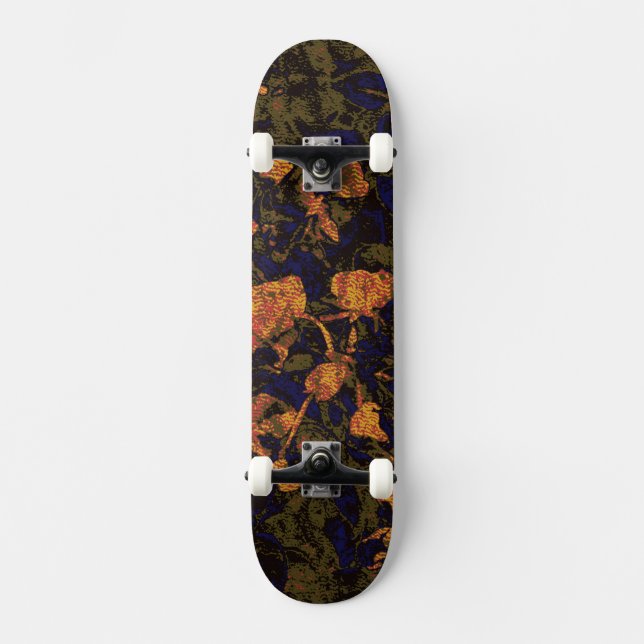 Orange blomma mot lövkamouflagemönster skateboard bräda 20 cm (Framsida)