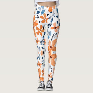 Orange blomma och blått löv mönster leggings