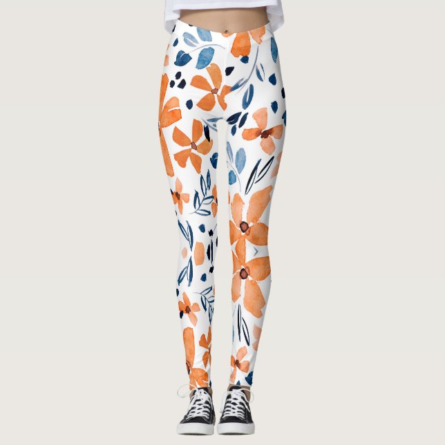 Orange blomma och blått löv mönster leggings (Framsida)