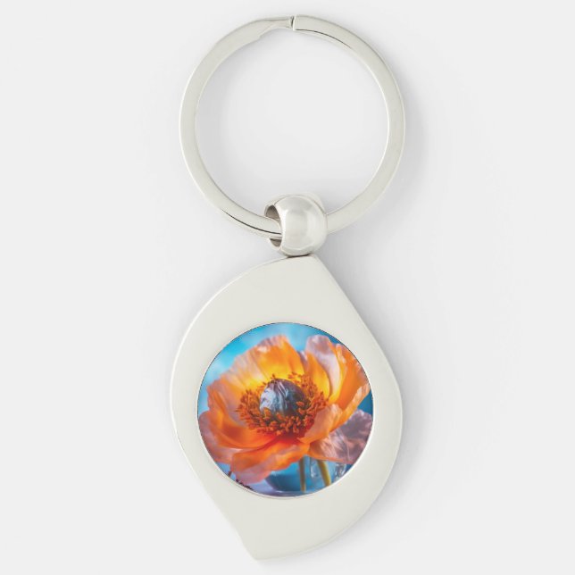 Orange blomma swirl silverfärgad nyckelring (Framsidan)