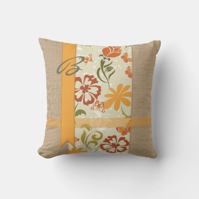 Orange blommafjärilar för härlig naturlig Burlap Kudde (Framsida)