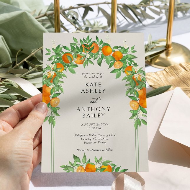 Orange Blommar Arch Bröllop Inbjudningar (Wedding Invitation with arch pergola from the Orange Blossom Wedding Collection by Darling & May)
