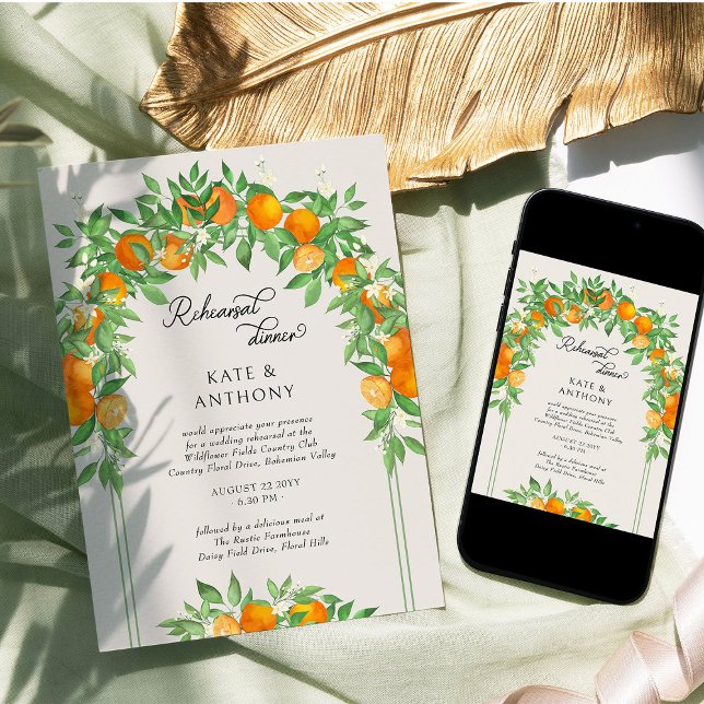 Orange Blommar Arch Bröllop Rehearsal Middag Inbjudningar (Rehearsal Dinner Invitation from the Orange Blossom Wedding Collection by Darling & May)