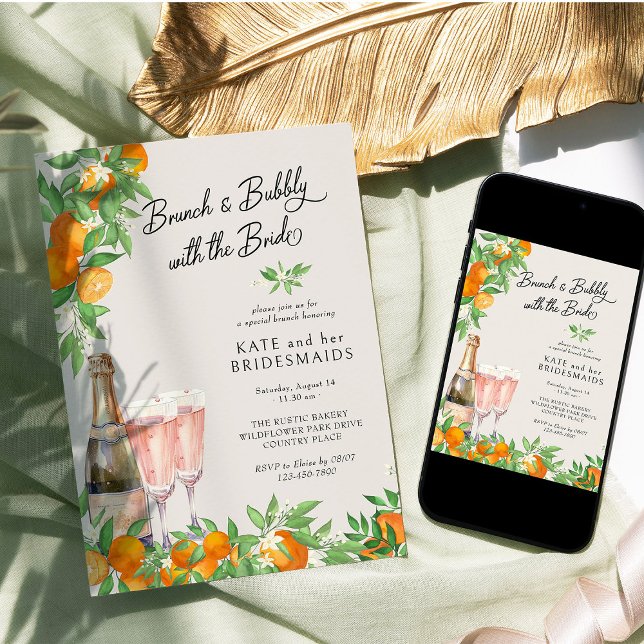 Orange Blommar Bridesmaids Brunch och Bubly Inbjudningar (Brunch & Bubbly with the Bride Invitatio from Orange Blossom Wedding Collection by Darling & May)