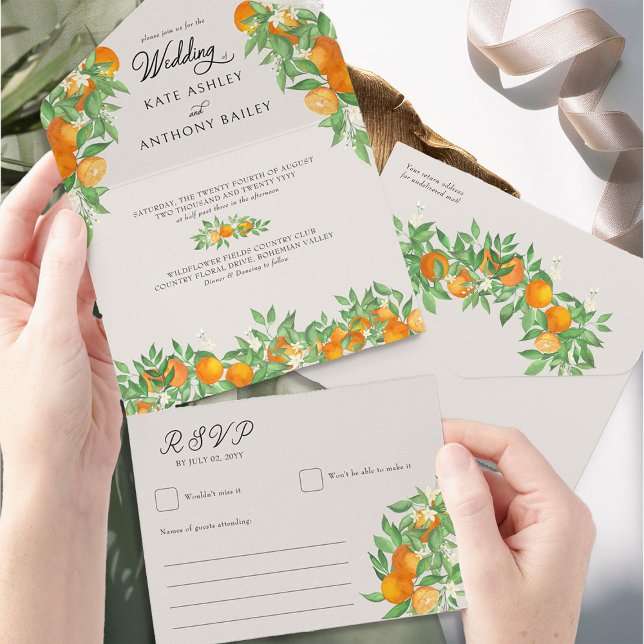 Orange Blommar Citrus Bröllop och OSA (Wedding Invitation with RSVP from the Orange Blossom Wedding Collection by Darling & May)