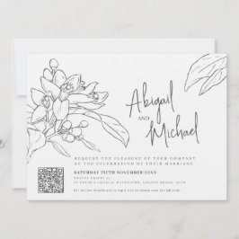 Orange blommar sketch mono-foto bröllop liggande inbjudningar