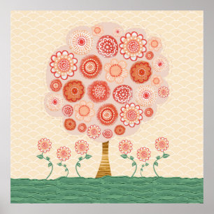 Orange Blommar Träd Blandade media Poster Skriv ut