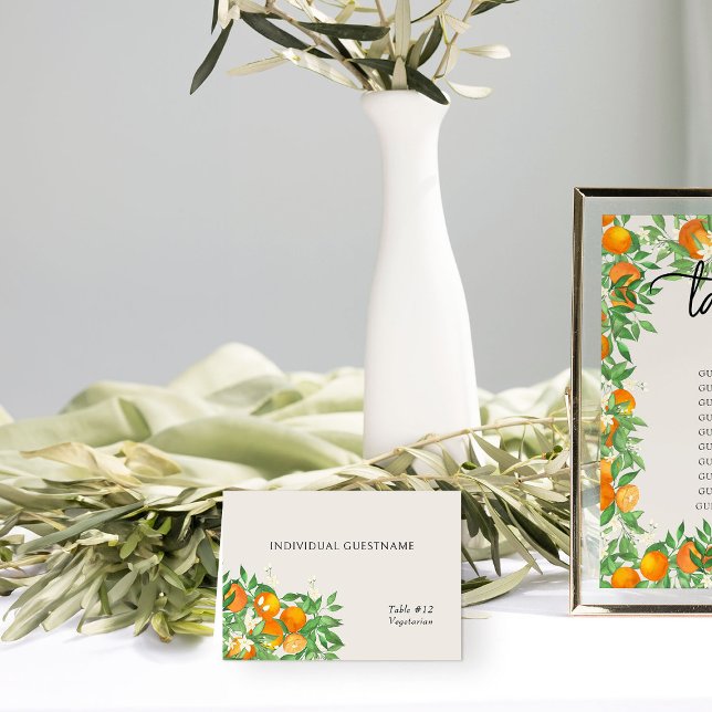 Orange Blommar utskrivet Gäst Namn-platskort Bordsnummer (Name Place Cards from the Orange Blossom Wedding Collection by Darling & May)
