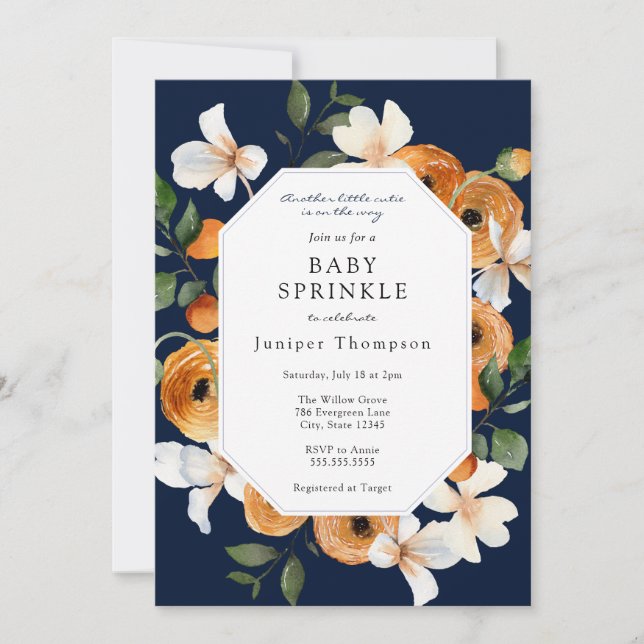 Orange Blommars och Clementines Baby Sprinkle Invi Inbjudningar (Framsida)