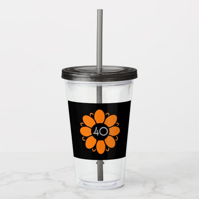 Orange Blommdesign Mönster Birthday 40 Black Take Away Mugg (Framsida)