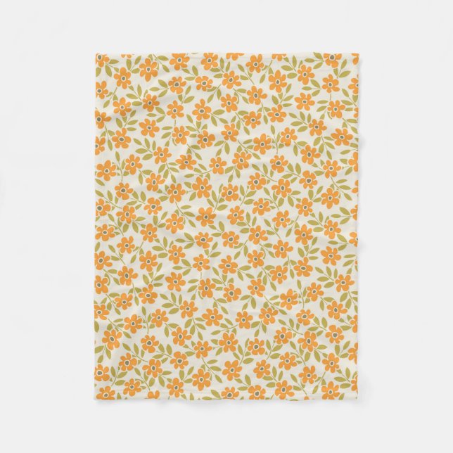 Orange Blommig 70-tals Retro Fleecefilt (Framsidan)