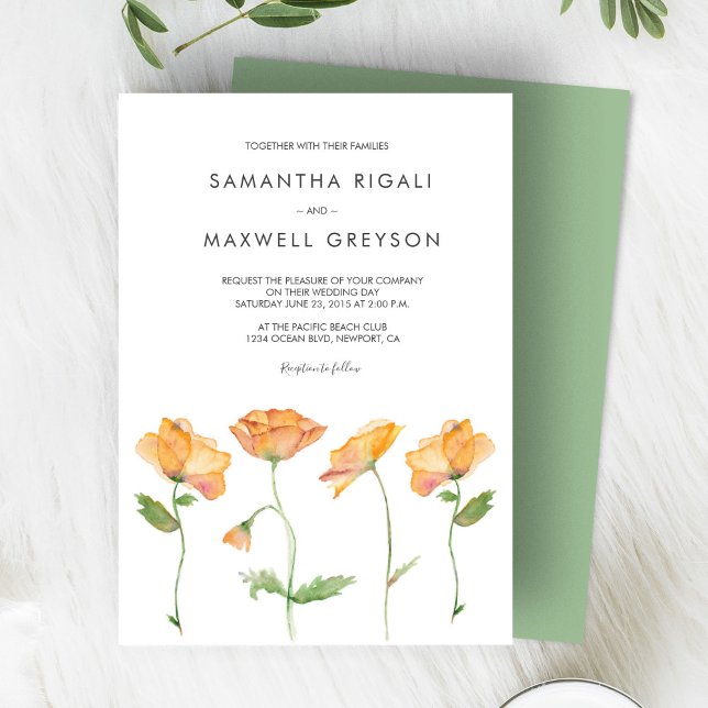 Orange Blommig Akvarell Vallmo Bröllop Inbjudningar (Orange floral watercolor wedding invitations )